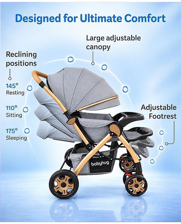 Babyhug Landscape Stroller with Reversible Handle Grey| Multi-Recline Backrest| UV Protection Canopy| 5-Point Harness| All-Wheel Suspension| Swivel Wheels| Trolley-Style Pull Handle| Linked Brake