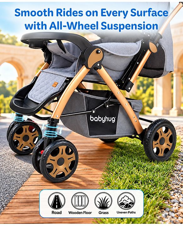 Babyhug Landscape Stroller with Reversible Handle Grey| Multi-Recline Backrest| UV Protection Canopy| 5-Point Harness| All-Wheel Suspension| Swivel Wheels| Trolley-Style Pull Handle| Linked Brake