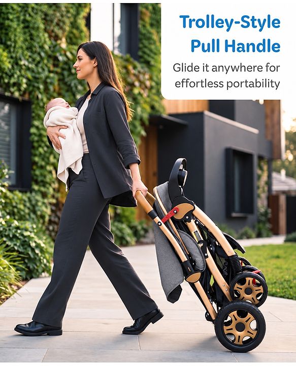 Babyhug Landscape Stroller with Reversible Handle Grey| Multi-Recline Backrest| UV Protection Canopy| 5-Point Harness| All-Wheel Suspension| Swivel Wheels| Trolley-Style Pull Handle| Linked Brake