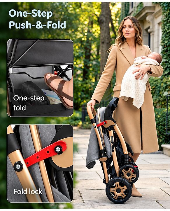 Babyhug Landscape Stroller with Reversible Handle Grey| Multi-Recline Backrest| UV Protection Canopy| 5-Point Harness| All-Wheel Suspension| Swivel Wheels| Trolley-Style Pull Handle| Linked Brake