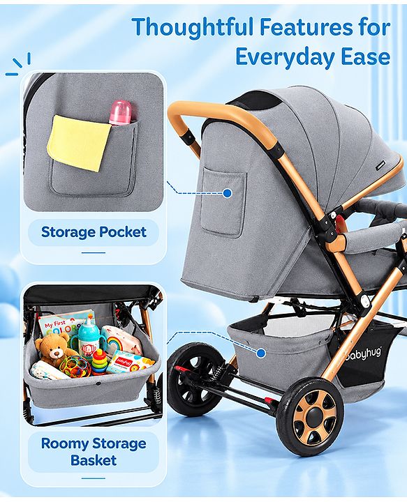 Babyhug Landscape Stroller with Reversible Handle Grey| Multi-Recline Backrest| UV Protection Canopy| 5-Point Harness| All-Wheel Suspension| Swivel Wheels| Trolley-Style Pull Handle| Linked Brake