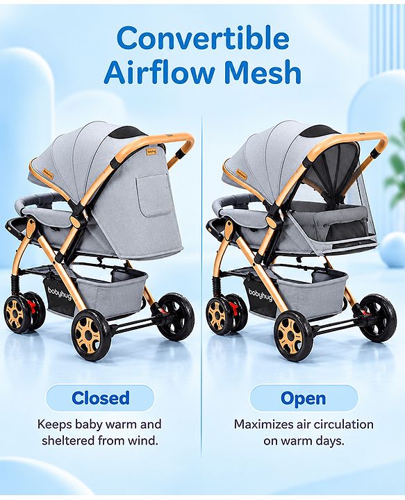 Babyhug Landscape Stroller with Reversible Handle Grey| Multi-Recline Backrest| UV Protection Canopy| 5-Point Harness| All-Wheel Suspension| Swivel Wheels| Trolley-Style Pull Handle| Linked Brake