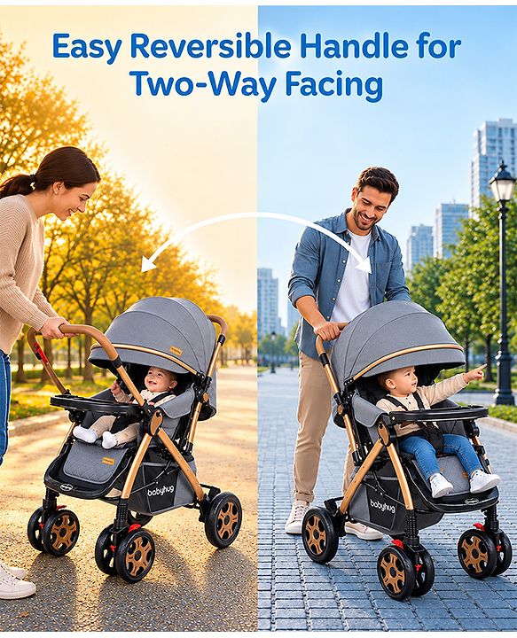 Babyhug Landscape Stroller with Reversible Handle Grey| Multi-Recline Backrest| UV Protection Canopy| 5-Point Harness| All-Wheel Suspension| Swivel Wheels| Trolley-Style Pull Handle| Linked Brake