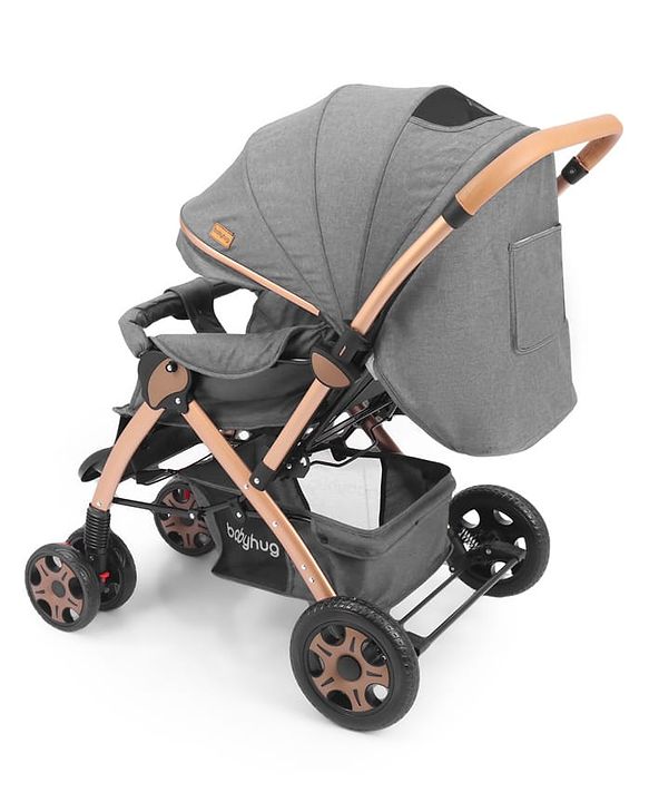 Babyhug Landscape Stroller with Reversible Handle Grey| Multi-Recline Backrest| UV Protection Canopy| 5-Point Harness| All-Wheel Suspension| Swivel Wheels| Trolley-Style Pull Handle| Linked Brake