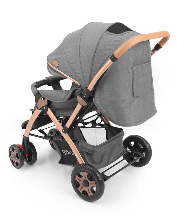 Babyhug Landscape Stroller with Reversible Handle Grey| Multi-Recline Backrest| UV Protection Canopy| 5-Point Harness| All-Wheel Suspension| Swivel Wheels| Trolley-Style Pull Handle| Linked Brake