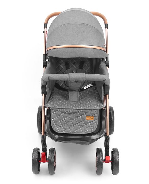 Babyhug Landscape Stroller with Reversible Handle Grey| Multi-Recline Backrest| UV Protection Canopy| 5-Point Harness| All-Wheel Suspension| Swivel Wheels| Trolley-Style Pull Handle| Linked Brake