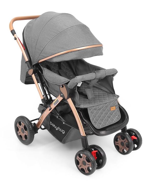 Babyhug Landscape Stroller with Reversible Handle Grey| Multi-Recline Backrest| UV Protection Canopy| 5-Point Harness| All-Wheel Suspension| Swivel Wheels| Trolley-Style Pull Handle| Linked Brake