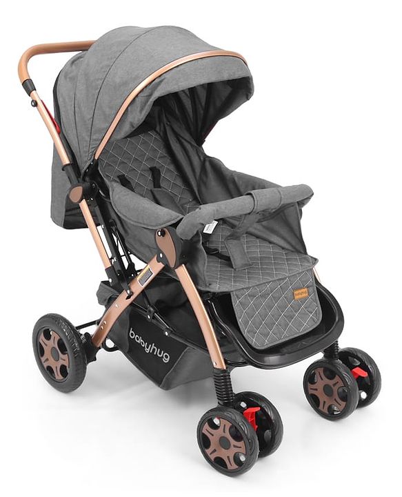 Babyhug Landscape Stroller with Reversible Handle Grey| Multi-Recline Backrest| UV Protection Canopy| 5-Point Harness| All-Wheel Suspension| Swivel Wheels| Trolley-Style Pull Handle| Linked Brake