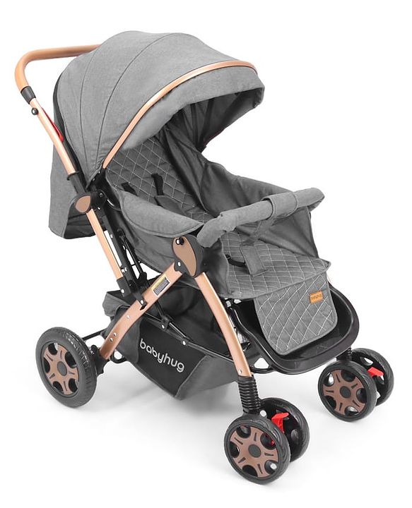 Babyhug Landscape Stroller with Reversible Handle Grey| Multi-Recline Backrest| UV Protection Canopy| 5-Point Harness| All-Wheel Suspension| Swivel Wheels| Trolley-Style Pull Handle| Linked Brake