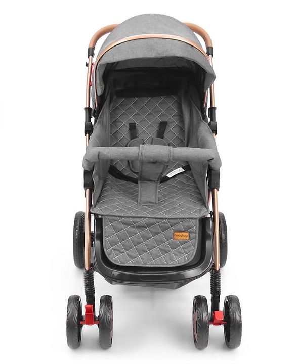Babyhug Landscape Stroller with Reversible Handle Grey| Multi-Recline Backrest| UV Protection Canopy| 5-Point Harness| All-Wheel Suspension| Swivel Wheels| Trolley-Style Pull Handle| Linked Brake