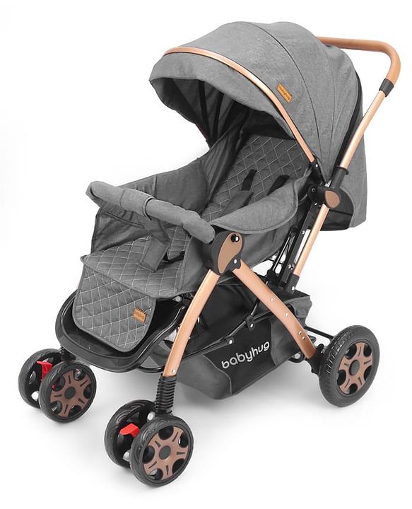 Babyhug Landscape Stroller with Reversible Handle Grey| Multi-Recline Backrest| UV Protection Canopy| 5-Point Harness| All-Wheel Suspension| Swivel Wheels| Trolley-Style Pull Handle| Linked Brake