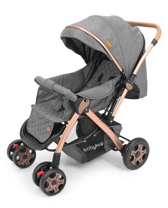 Babyhug Landscape Stroller with Reversible Handle Grey| Multi-Recline Backrest| UV Protection Canopy| 5-Point Harness| All-Wheel Suspension| Swivel Wheels| Trolley-Style Pull Handle| Linked Brake