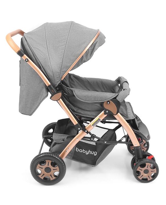 Babyhug Landscape Stroller with Reversible Handle Grey| Multi-Recline Backrest| UV Protection Canopy| 5-Point Harness| All-Wheel Suspension| Swivel Wheels| Trolley-Style Pull Handle| Linked Brake