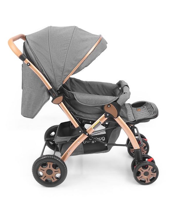 Babyhug Landscape Stroller with Reversible Handle Grey| Multi-Recline Backrest| UV Protection Canopy| 5-Point Harness| All-Wheel Suspension| Swivel Wheels| Trolley-Style Pull Handle| Linked Brake