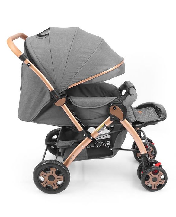 Babyhug Landscape Stroller with Reversible Handle Grey| Multi-Recline Backrest| UV Protection Canopy| 5-Point Harness| All-Wheel Suspension| Swivel Wheels| Trolley-Style Pull Handle| Linked Brake