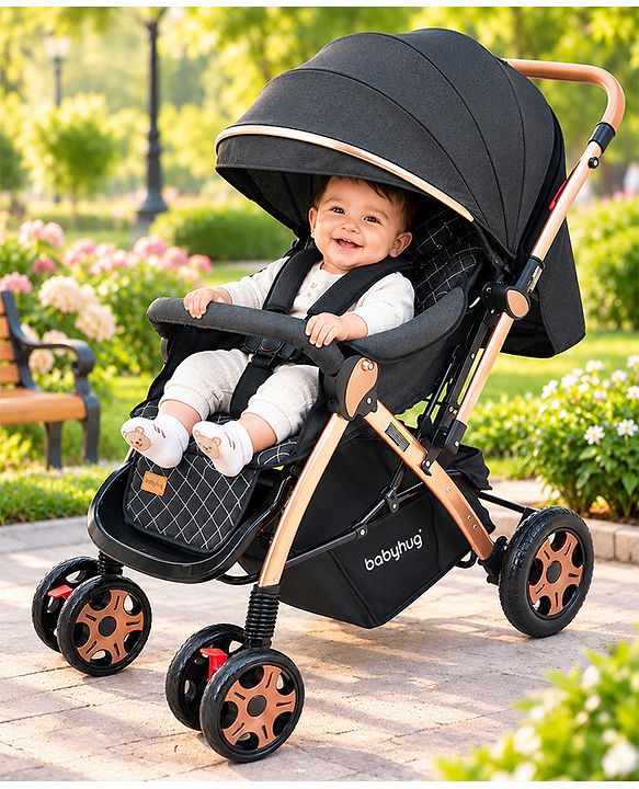 Babyhug Landscape Stroller with Reversible Handle Grey| Multi-Recline Backrest| UV Protection Canopy| 5-Point Harness| All-Wheel Suspension| Swivel Wheels| Trolley-Style Pull Handle| Linked Brake