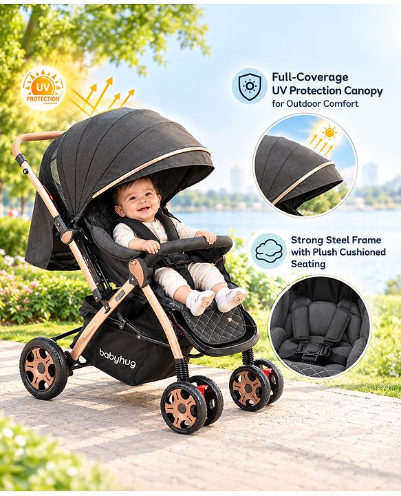 Babyhug Landscape Stroller with Reversible Handle Grey| Multi-Recline Backrest| UV Protection Canopy| 5-Point Harness| All-Wheel Suspension| Swivel Wheels| Trolley-Style Pull Handle| Linked Brake