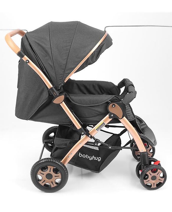 Babyhug Landscape Stroller with Reversible Handle Grey| Multi-Recline Backrest| UV Protection Canopy| 5-Point Harness| All-Wheel Suspension| Swivel Wheels| Trolley-Style Pull Handle| Linked Brake