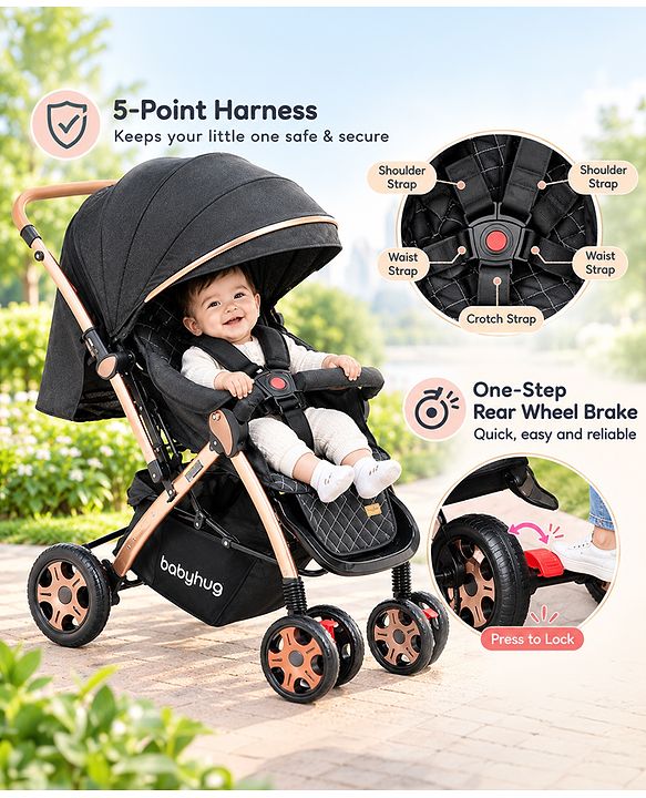 Babyhug Landscape Stroller with Reversible Handle Grey| Multi-Recline Backrest| UV Protection Canopy| 5-Point Harness| All-Wheel Suspension| Swivel Wheels| Trolley-Style Pull Handle| Linked Brake