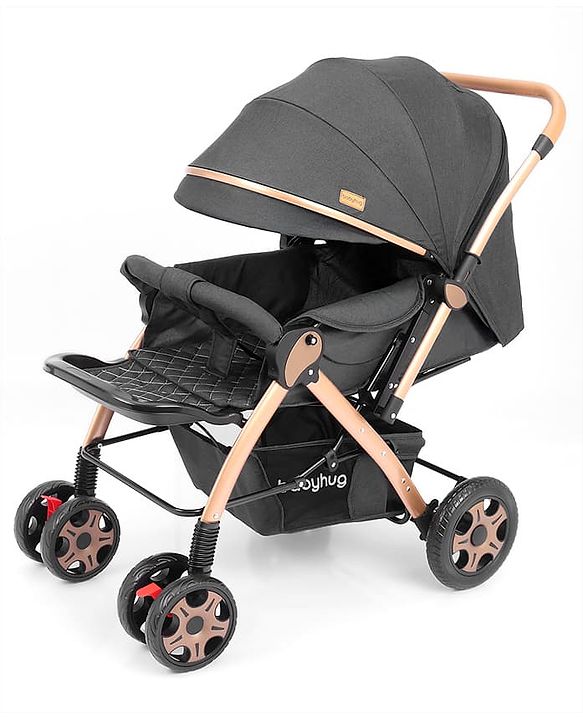 Babyhug Landscape Stroller with Reversible Handle Grey| Multi-Recline Backrest| UV Protection Canopy| 5-Point Harness| All-Wheel Suspension| Swivel Wheels| Trolley-Style Pull Handle| Linked Brake