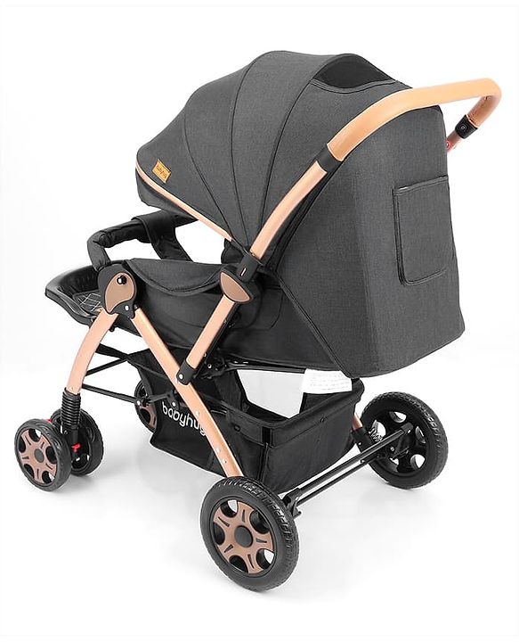 Babyhug Landscape Stroller with Reversible Handle Grey| Multi-Recline Backrest| UV Protection Canopy| 5-Point Harness| All-Wheel Suspension| Swivel Wheels| Trolley-Style Pull Handle| Linked Brake