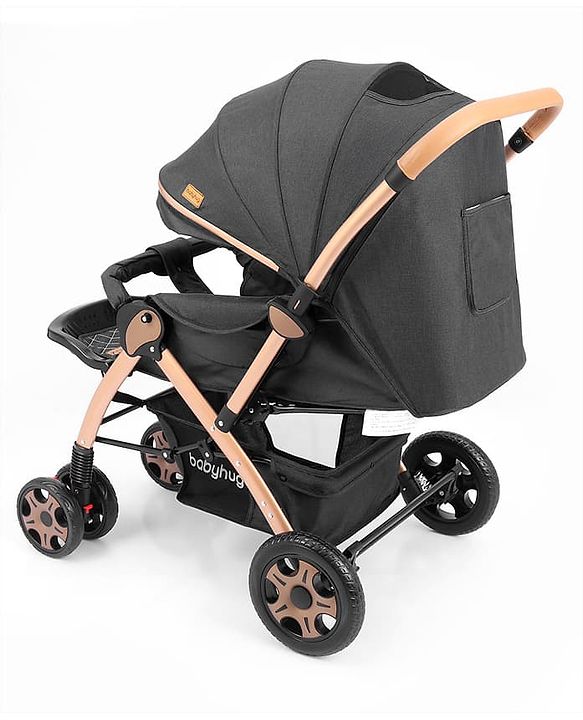 Babyhug Landscape Stroller with Reversible Handle Grey| Multi-Recline Backrest| UV Protection Canopy| 5-Point Harness| All-Wheel Suspension| Swivel Wheels| Trolley-Style Pull Handle| Linked Brake