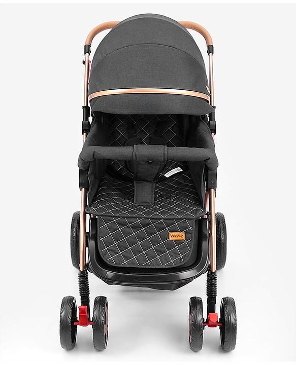 Babyhug Landscape Stroller with Reversible Handle Grey| Multi-Recline Backrest| UV Protection Canopy| 5-Point Harness| All-Wheel Suspension| Swivel Wheels| Trolley-Style Pull Handle| Linked Brake