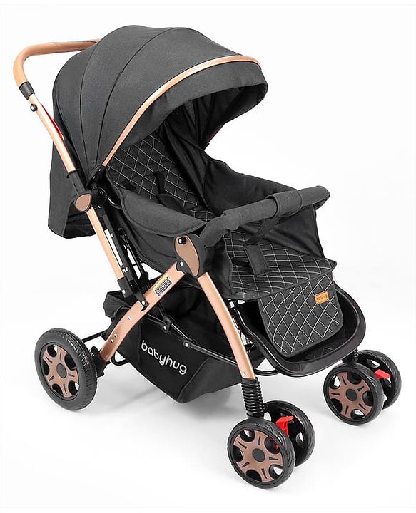 Babyhug Landscape Stroller with Reversible Handle Grey| Multi-Recline Backrest| UV Protection Canopy| 5-Point Harness| All-Wheel Suspension| Swivel Wheels| Trolley-Style Pull Handle| Linked Brake