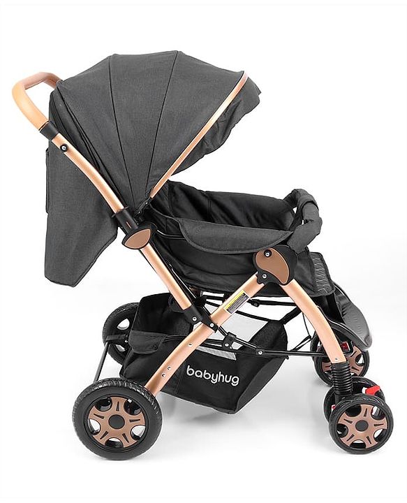Babyhug Landscape Stroller with Reversible Handle Grey| Multi-Recline Backrest| UV Protection Canopy| 5-Point Harness| All-Wheel Suspension| Swivel Wheels| Trolley-Style Pull Handle| Linked Brake