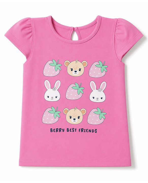 Babyhug Cotton Knit Half sleeves T-Shirt with Animal & Berry Print - Pink