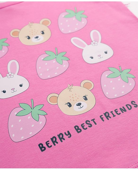 Babyhug Cotton Knit Half sleeves T-Shirt with Animal & Berry Print - Pink