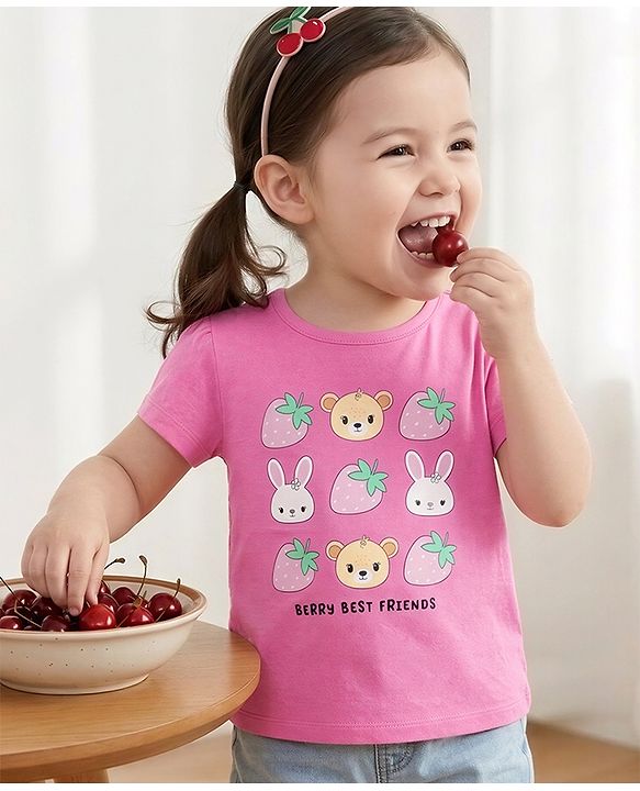 Babyhug Cotton Knit Half sleeves T-Shirt with Animal & Berry Print - Pink