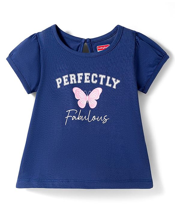 Babyhug Cotton Knit Half Sleeves T-Shirt with Butterfly Print - Navy Blue