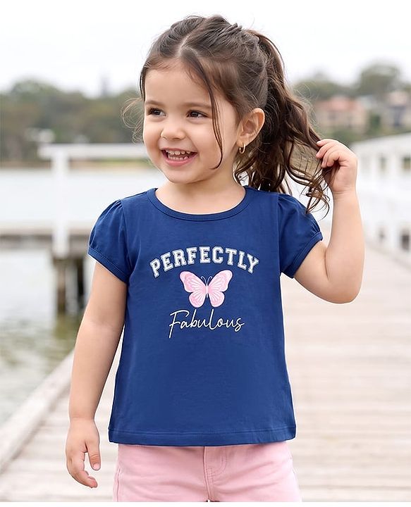Babyhug Cotton Knit Half Sleeves T-Shirt with Butterfly Print - Navy Blue