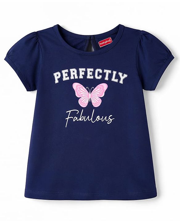 Babyhug Cotton Knit Half Sleeves T-Shirt with Butterfly Print - Navy Blue