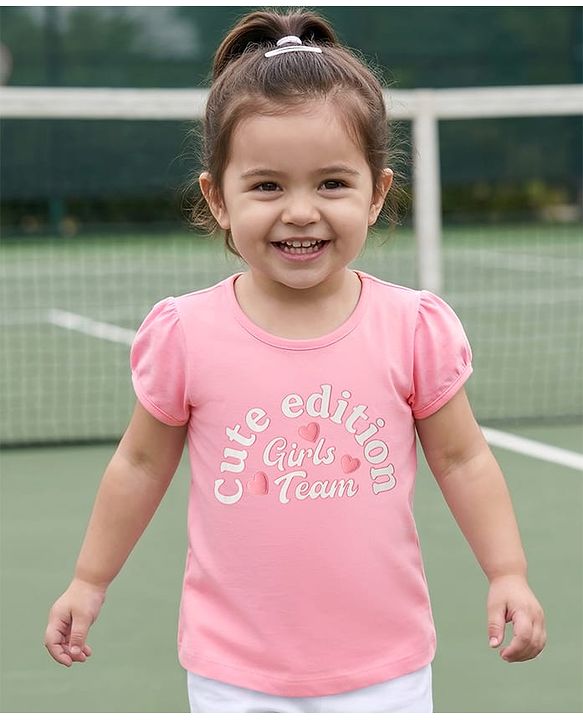Babyhug Cotton Knit Half Sleeves T-Shirt with Text Print - Pink