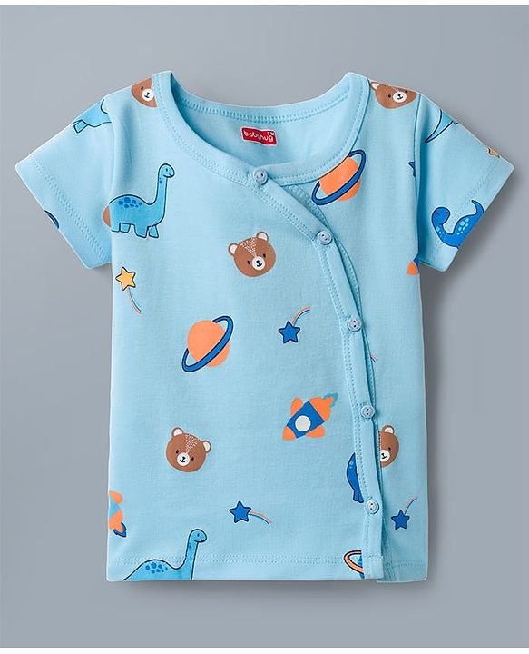 Babyhug 100% Cotton Interlock Knit Half Sleeves Stripes Jhablas with Star & Bear Print Pack of 3- Orange & Sky