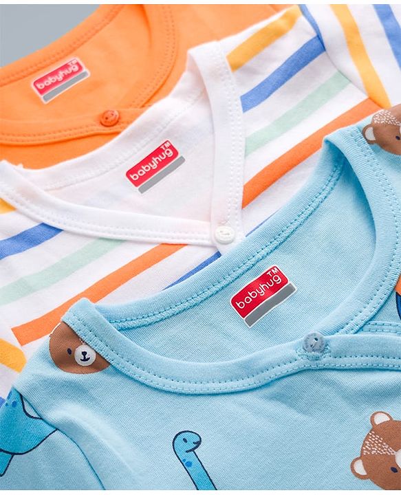 Babyhug 100% Cotton Interlock Knit Half Sleeves Stripes Jhablas with Star & Bear Print Pack of 3- Orange & Sky