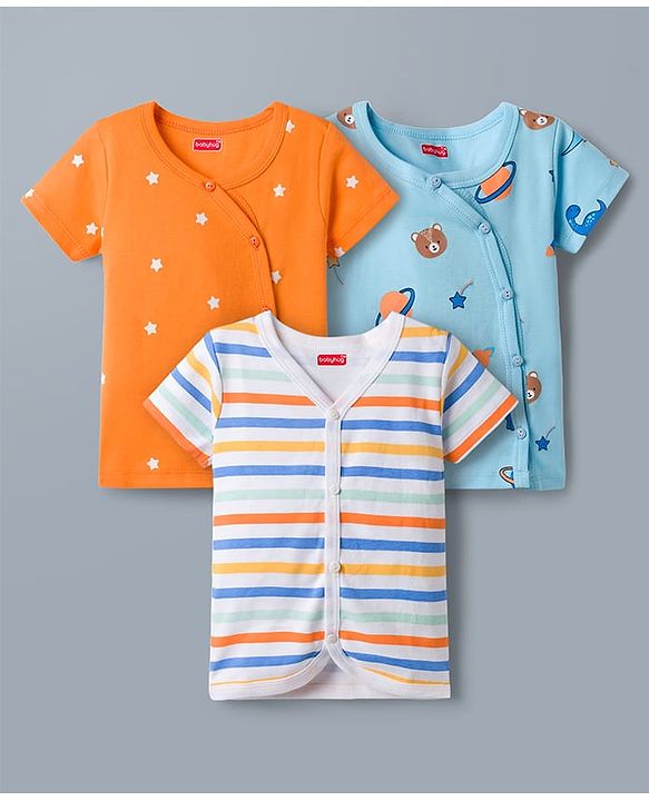 Babyhug 100% Cotton Interlock Knit Half Sleeves Stripes Jhablas with Star & Bear Print Pack of 3- Orange & Sky