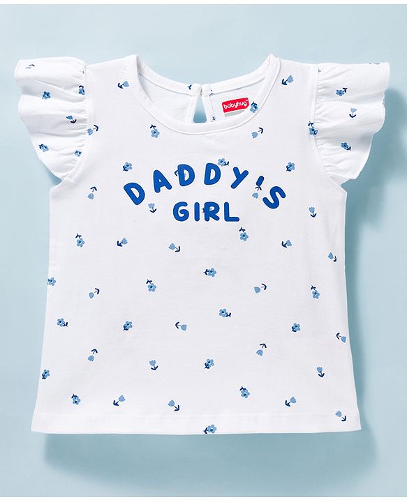 Babyhug Cotton Knit T-Shirt Frill Sleeves Daddy's Girl Print Multi Color 6-9 Months