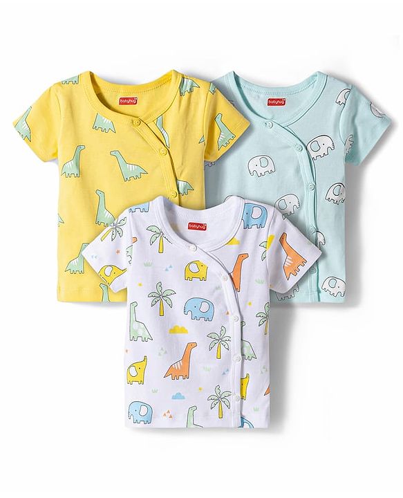 Babyhug 100% Cotton Knit Half Sleeves Dino & Elephant Printed Jhablas Pack Of 3 - Multicolor
