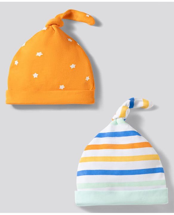 Babyhug 100% Cotton Knit Striped & Star Printed Caps Pack of 2 Multicolor - Diameter 17 cm