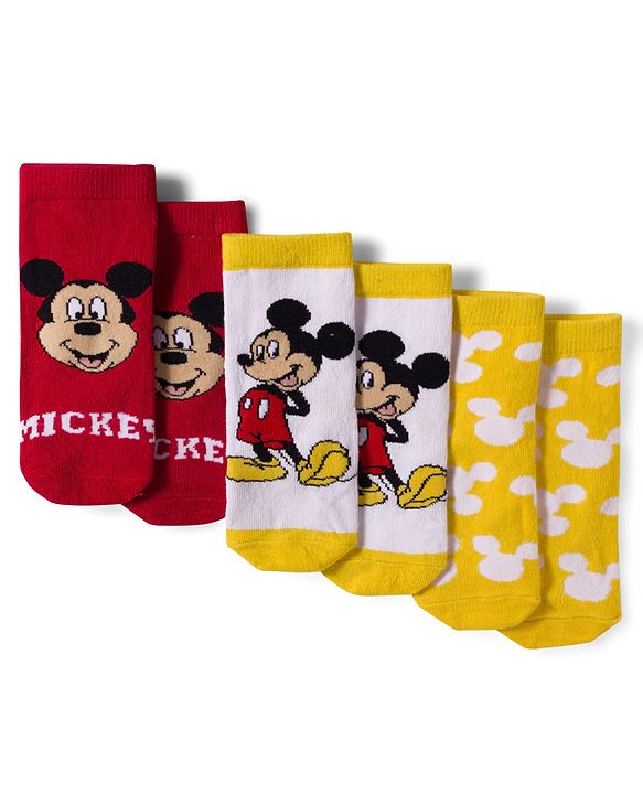 Cute Walk by Babyhug Disney Non Terry Knit Anti-Bacterial Ankle Length Socks with Mickey Mouse Graphic Pack of 3 - Red & Yellow