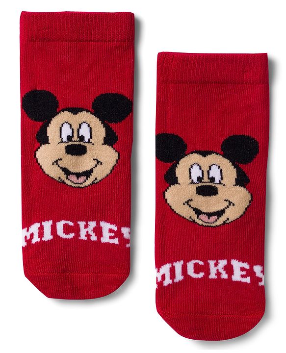 Cute Walk by Babyhug Disney Non Terry Knit Anti-Bacterial Ankle Length Socks with Mickey Mouse Graphic Pack of 3 - Red & Yellow