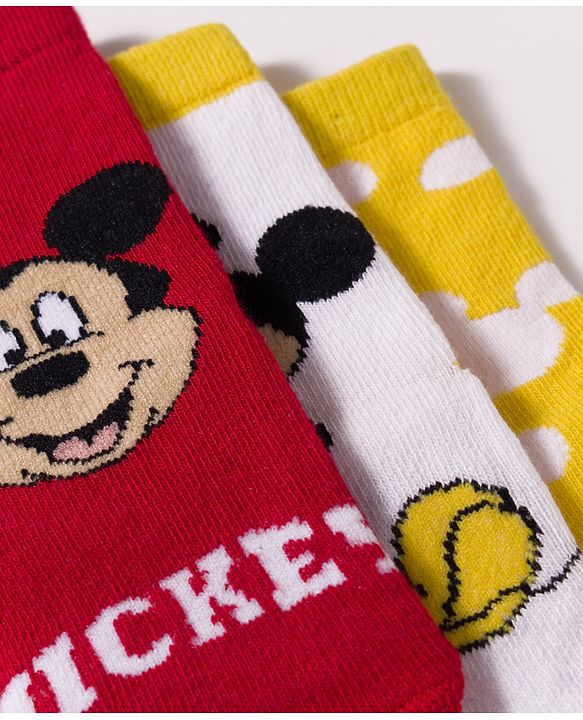 Cute Walk by Babyhug Disney Non Terry Knit Anti-Bacterial Ankle Length Socks with Mickey Mouse Graphic Pack of 3 - Red & Yellow
