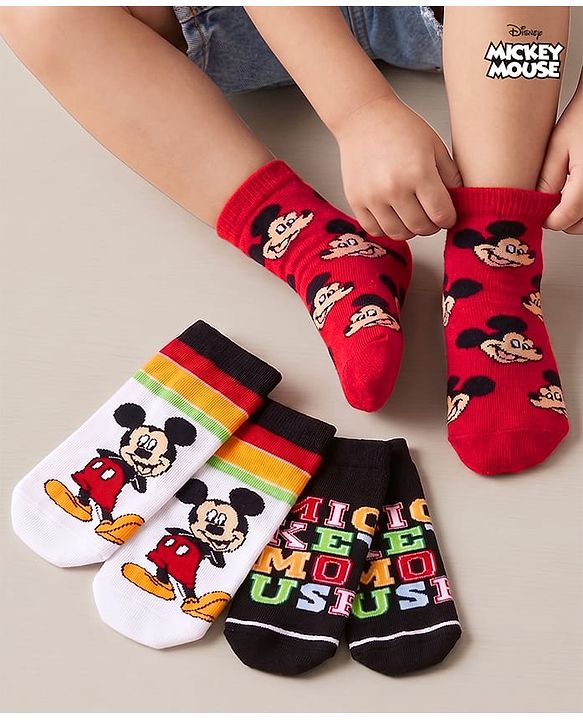 Cute Walk by Babyhug Disney Knit Ankle Length Antibacterial Socks with Mickey Mouse Design Pack of 3 - Multicolor