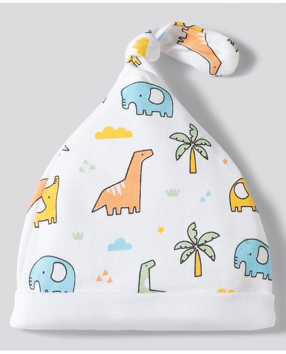 Babyhug 100% Cotton Knit Striped & Dino Printed Caps Pack of 2 Multicolor - Diameter 17 cm