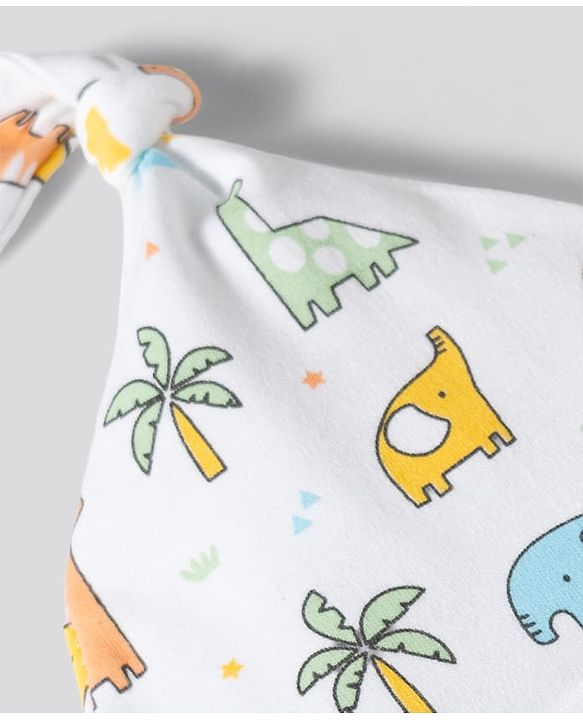 Babyhug 100% Cotton Knit Striped & Dino Printed Caps Pack of 2 Multicolor - Diameter 17 cm