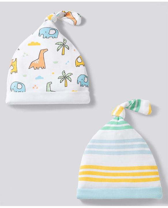 Babyhug 100% Cotton Knit Striped & Dino Printed Caps Pack of 2 Multicolor - Diameter 17 cm