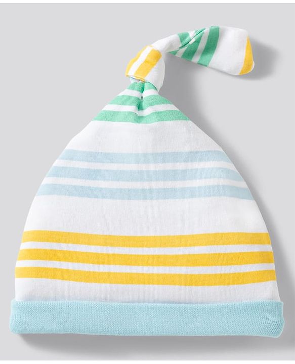 Babyhug 100% Cotton Knit Striped & Dino Printed Caps Pack of 2 Multicolor - Diameter 17 cm